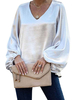 Damen Bluse Silber Polyester mit V-Ausschnitt-beiläufige lange Ärmel Tops
