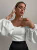 Damen Bluse Weiß Bateau Neck Langarm Baumwolle Casual Tops