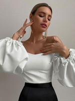 Damen Bluse Weiß Bateau Neck Langarm Baumwolle Casual Tops