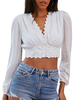Damen Bluse Weiß Bestickt V-Ausschnitt Lässig Langarm Polyester Tops