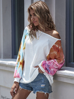 Damen Bluse White Tie Dye Asymmetrische Langarm Bateau Neck Polyester T-Shirt