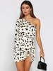 Damen Bodycon Kleider Bedruckt Schwarz Weiß Ein-Schulter-Kordelzug Offene Schulter Sexy Langarm Bleistiftkleid