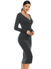Damen Bodycon Kleider Black Buttons Langarm Casual Bleistiftkleid Midi Kleid