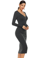 Damen Bodycon Kleider Black Buttons Langarm Casual Bleistiftkleid Midi Kleid