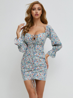 Damen Bodycon Kleider Blumendruck Hell Himmelblau Trägerloses Böhmisches Langarm-Bleistiftkleid