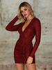Damen Bodycon Kleider Burgunder V-Ausschnitt Langarm Midi Bleistiftkleid