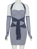 Damen Bodycon Kleider Deep Blue Color Block Casual Halfter Midi Kleid Etuikleid