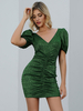 Damen Bodycon Kleider Dunkelgrün Polyester V-Ausschnitt Kurzarm Midi Bleistiftkleid