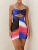 Damen Bodycon Kleider gedruckt blau Halfter Plissee rückenfrei ärmellos Sexy Bleistiftkleid