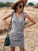 Damen Bodycon Kleider Grau Ärmellose Plissee Sexy Träger Hals Midi Kleid Etuikleid