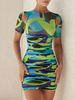Damen Bodycon Kleider Green Color Block Kurzarm Reißverschluss Casual Jewel Neck Midi Etuikleid