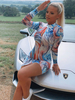 Damen Bodycon Kleider Hell Himmelblau Bedruckt Hoher Kragen Langarm Sexy Bleistiftkleid