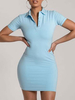Damen Bodycon Kleider Hell Himmelblau Turndown Kragen Lässig Kurzarm Bleistiftkleid Hemdkleid