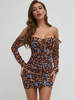 Damen Bodycon Kleider Kaffee Braun Blumendruck Langarm Böhmische Bateau Neck Etuikleid