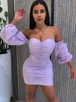 Damen Bodycon Kleider Lila Bateau Neck Plissee Kurz Puffer Ärmel Midi Sexy Bleistiftkleid