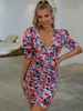 Damen Bodycon Kleider Lila Blumendruck Kurze Pufferärmel V-Ausschnitt Casual Midi Etuikleid