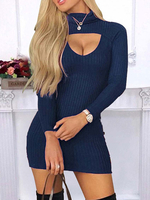 Damen Bodycon Kleider Marineblau High Collar Casual Langarm Bleistiftkleid