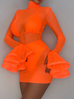 Damen Bodycon Kleider Orange Langarm High Collar Sheer Bodycon Kleid Sexy Etuikleid