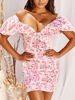 Damen Bodycon Kleider Pink Flora Bedruckte Kurzarm Sexy Midi Kleid Etuikleid