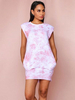 Damen Bodycon Kleider Rosa bedruckt ärmelloses Juwel Hals Hals sexy Midi Kleid Etuikleid