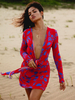 Damen Bodycon Kleider Rot geknotet Langarm V-Ausschnitt Blau Blumendruck Midi Bleistiftkleid