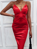 Damen Bodycon Kleider Roter V-Ausschnitt Plissee rückenfrei ärmelloses Cami Bleistiftkleid