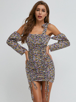 Damen Bodycon Kleider Schwarz Blumendruck Langarm Böhmische Trägerlose Etuikleid Street Wear