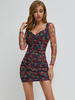 Damen Bodycon Kleider Schwarz Blumendruck Langarm Bohemian Square Neck Etuikleid