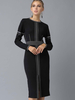 Damen Bodycon Kleider Schwarz Farbblock Langarm Split Front Casual Jewel Neck Midi Kleid Etuikleid