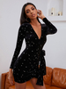 Damen Bodycon Kleider Schwarz Geometrische Langarm Casual Lässiges Midikleid mit V-Ausschnitt Etuikleid