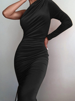 Damen Bodycon Kleider Schwarz Langarm Asymmetrischer Hals Casual Bodycon Kleid Etuikleid