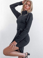 Damen Bodycon Kleider Schwarz Langarm Casual High Collar Etuikleid