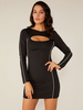 Damen Bodycon Kleider Schwarz Langarm Jewel Neck Etuikleid Midi Kleid