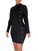 Damen Bodycon Kleider Schwarz Langarm Knöpfe Casual Jewel Neck Slim Fit Kleid Etuikleid