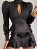 Damen Bodycon Kleider Schwarz Langarm Sexy High Collar Asymmetrische Midi Kleid Etuikleid