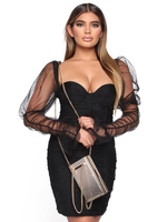 Damen Bodycon Kleider Schwarz Queen Anne Hals Sexy Puffer Sheer Langarm Midi Bleistiftkleid