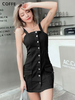 Damen Bodycon Kleider Schwarz Ärmellose Knöpfe Träger Hals Midi Casual Etuikleid
