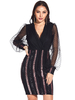 Damen Bodycon Kleider Schwarze Streifen Lange Puffer Ärmel Pailletten Sexy Sheer Midi Kleid Etuikleid