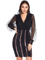 Damen Bodycon Kleider Schwarze Streifen Lange Puffer Ärmel Pailletten Sexy Sheer Midi Kleid Etuikleid
