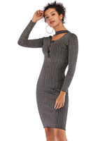Damen Bodycon Kleider Tiefgrau Langarm Klassisches V-Ausschnitt Slim Sweater Sheath Dress