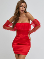 Damen Bodycon Kleider Ture Red Langarm Bohemian Bateau Neck Slim Fit Kleid