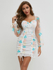 Damen Bodycon Kleider Weiß Blumendruck Langarm Bohemian Square Neck Etuikleid