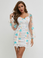 Damen Bodycon Kleider Weiß Blumendruck Langarm Bohemian Square Neck Etuikleid
