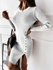 Damen Bodycon Kleider Weiß Langarm Knöpfe Sexy Rundhalsausschnitt Asymmetrisches Etuikleid