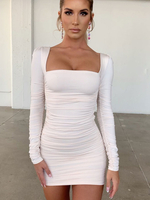 Damen Bodycon Kleider Weiß Lange Ärmel Plissee Halsausschnitt Rückenlos Sexy Midi Kleid Etuikleid