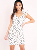 Damen Bodycon Kleider Weiß Polka Dot Bateau Neck Plissee Offene Schulter Kurzarm Ärmel Sexy Bleistiftkleid