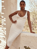 Damen Bodycon Kleider Weiß Ärmellose Plissee Casual Straps Hals Offene Schulter Midi Etuikleid