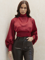 Damen Bodysuit Burgund Langarm Rückenlos High Collar Sexy Polyester Top