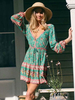 Damen Boho Kleid Grün Schnürung V-Ausschnitt Langarm Blumendruck Polyester Boho Langes Kleid