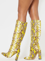 Damen Booties Spitzschuh Chunky Heel Gelb PU Leder Kniehohe Stiefel